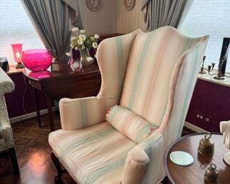 Chippendale-Style Pastel Stripe Wingback Chair with Ball-and-Claw Feet