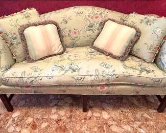 Chippendale Style Camelback Sofa with Floral Chinoiserie Upholstery & Carved Mahogany Legs