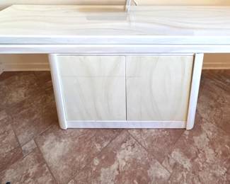 Hollywood Regency Whitewashed / Cerused Wood Console Cabinet with Thick Beveled Top & Double Doors