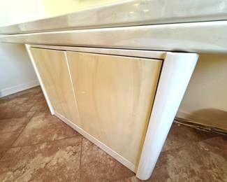 Hollywood Regency Whitewashed / Cerused Wood Console Cabinet with Thick Beveled Top & Double Doors