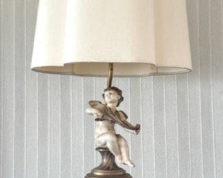 Benko Lamp Ltd. Hollywood Regency Cherub Table Lamp with Scalloped Glass Shade