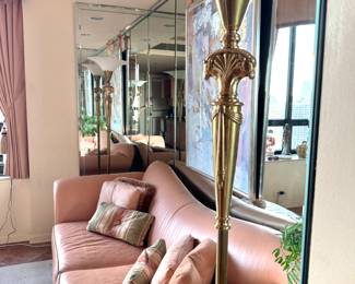 Frederick Cooper Chicago Neoclassical Brass Torchiere Floor Lamp with Frosted Glass Shade