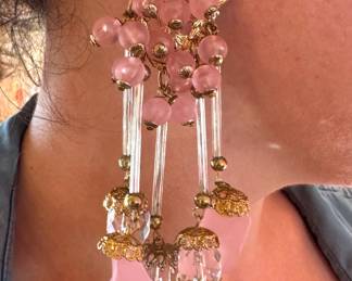 - Pink Art Glass & Crystal Beaded Chandelier Statement Earrings with Gilt Filigree Accents