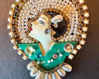 Art Deco–Style Jeweled Lady Portrait Statement Brooch with Faux Pearls & Rhinestones