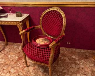Louis XVI Style Giltwood Oval Back Armchair with Red Damask Upholstery