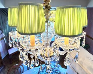 Waterford in Style (Unmarked) Large Cut Crystal Multi-Arm Chandelier with Hand-Pleated Silk Shades and Prism Drops