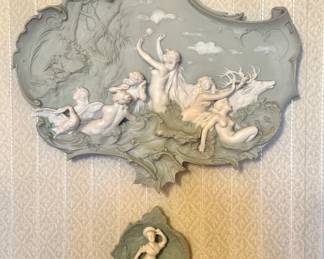 Large Neoclassical Jasperware-Style Figural Relief Wall Plaque with Classical Nymphs & Stag