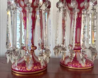 Bohemian Cranberry Cut-to-Clear Overlay Glass Mantle Lustres with Crystal Prisms
