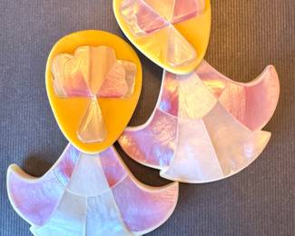 Iridescent Mother-of-Pearl Mosaic Fan Statement Earrings with Yellow Resin Tops