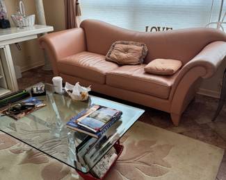 Blush Pink Leather Camelback Sofa with Rolled Arms & Nailhead Trim