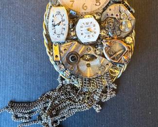 Lula Moore Signed Steampunk Watch Parts & Rhinestone Statement Brooch with Chain Fringe, 3.5"