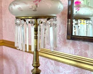 Hollywood Regency Brass Table Lamp with Etched Glass Hurricane Shade & Crystal Prism Fringe