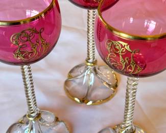 Murano Venetian Cranberry Pink Art Glass Wine Goblets with Gold Gilt Monogram, Twisted Stems & Petal Bases 
