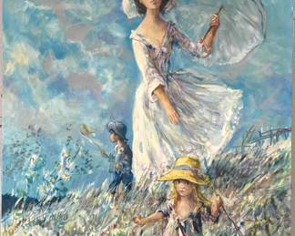 Signed Impressionist Woman with Parasol & Children in Wildflower Meadow Oil Painting