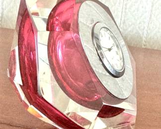 Faceted Crystal & Cranberry Red Glass Quartz Desk Clock