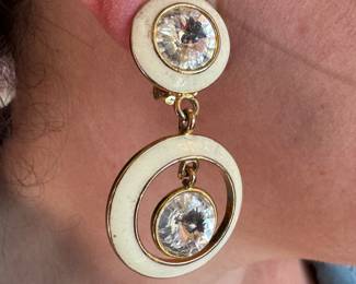Gold-Tone & Ivory Enamel Geometric Drop Earrings with Large Clear Rivoli Crystals