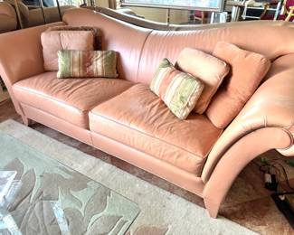 Sculptural Blush Pink Leather Sofa with Curved Serpentine Back & Rolled Arms