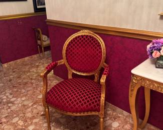 Louis XVI Style Giltwood Oval Back Armchair with Red Damask Upholstery