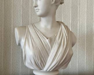 Neoclassical Greco-Roman Goddess Diana / Artemis White Marble-Style Bust Sculpture