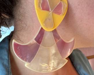 Yellow, Pink & Pearl Lucite Geometric Fan Statement Earrings