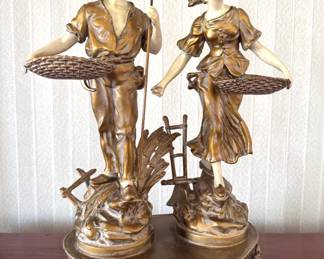 French Figural Spelter Lamp Base with Harvest Couple & Basket Trays