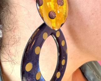 Amber & Purple Polka Dot Lucite Statement Drop Earrings with Gold Foil Accents