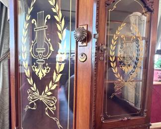 Victorian Revival Carved Mahogany Curio Display Cabinet with Gilt Lyre Etched Glass & Claw Feet