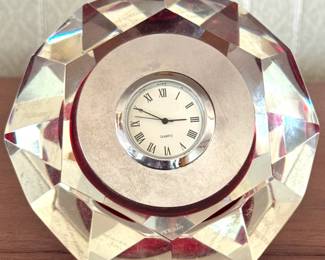 Faceted Crystal & Cranberry Red Glass Quartz Desk Clock