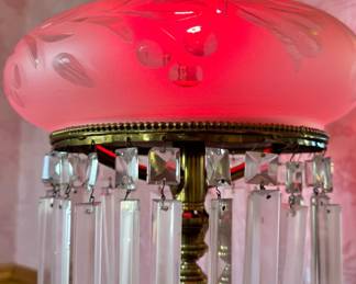 Hollywood Regency Brass Table Lamp with Etched Glass Hurricane Shade & Crystal Prism Fringe