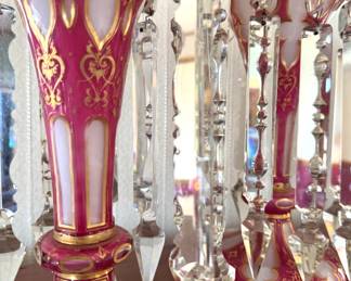Bohemian Cranberry Cut-to-Clear Overlay Glass Mantle Lustres with Crystal Prisms