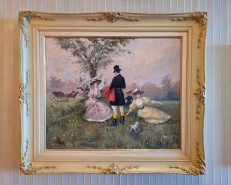 J. Collar Signed “Paris 1900” Belle Époque Park Scene Oil Painting with Fashionable Ladies & Gentleman