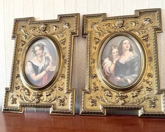 Victorian Revival Gilt Ornate Picture Frames with Oval Portrait Prints
