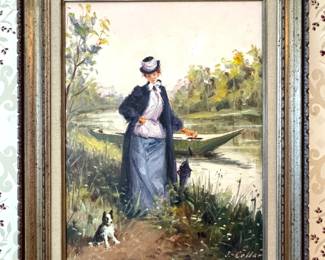 J. Collar Signed Paris 1901 Belle Époque Woman with Dog by the River Oil Painting