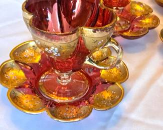 Bohemian Cranberry Glass Demitasse Cups & Saucers with Heavy Gold Gilt Floral Decoration 