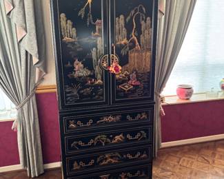 Asian Chinoiserie Black Lacquer Hand-Painted Tall Cabinet with Drawers