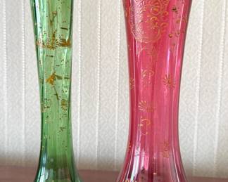 English Cranberry & Green Art Glass Vases with Hand-Painted Gilt Decoration, circa 1870