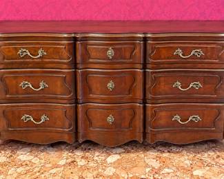 French Provincial Louis XV Style Serpentine Triple Dresser with Brass Hardware