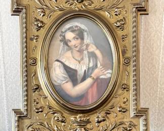 Victorian Revival Gilt Ornate Picture Frames with Oval Portrait Prints