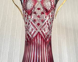 Bohemian Ruby-Cut-to-Clear Crystal Vase with Gilt Bronze Mounts & Paw Feet