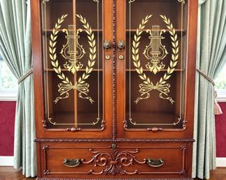 Victorian Revival Carved Mahogany Curio Display Cabinet with Gilt Lyre Etched Glass & Claw Feet
