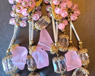 Pink Art Glass & Crystal Beaded Chandelier Statement Earrings with Gilt Filigree Accents
