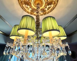 Waterford in Style (Unmarked) Large Cut Crystal Multi-Arm Chandelier with Hand-Pleated Silk Shades and Prism Drops