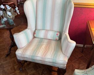 Queen Anne Wingback Chair with Pastel Striped Upholstery and Cabriole Legs