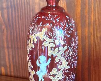 Bohemian Cranberry Glass Bud Vase with Hand-Painted Gilt Scrollwork & Enamel Figural Scene