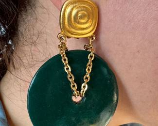 Emerald Green Lucite Disc Earrings with Sculptural Gold-Tone Chain Mounts