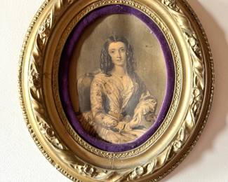 Victorian Lady Portrait Engraving in Ornate Gilt Oval Floral Frame with Purple Velvet Mat
