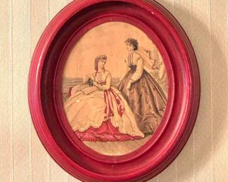 Victorian Fashion Ladies Framed Print in Deep Red Oval Wood Frame