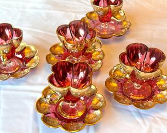 Bohemian Cranberry Glass Demitasse Cups & Saucers with Heavy Gold Gilt Floral Decoration 