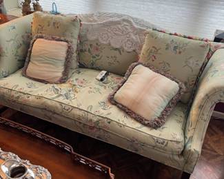 Chinoiserie Floral Upholstered Camelback Sofa with Rolled Arms