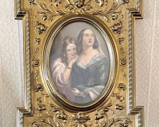 Victorian Revival Gilt Ornate Picture Frames with Oval Portrait Prints